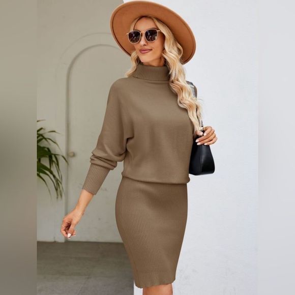 Light Matcha Brown Ribbed Cozy Turtle Neck Long Sleeve Ribbed Sweater Dress - Picture 1 of 3